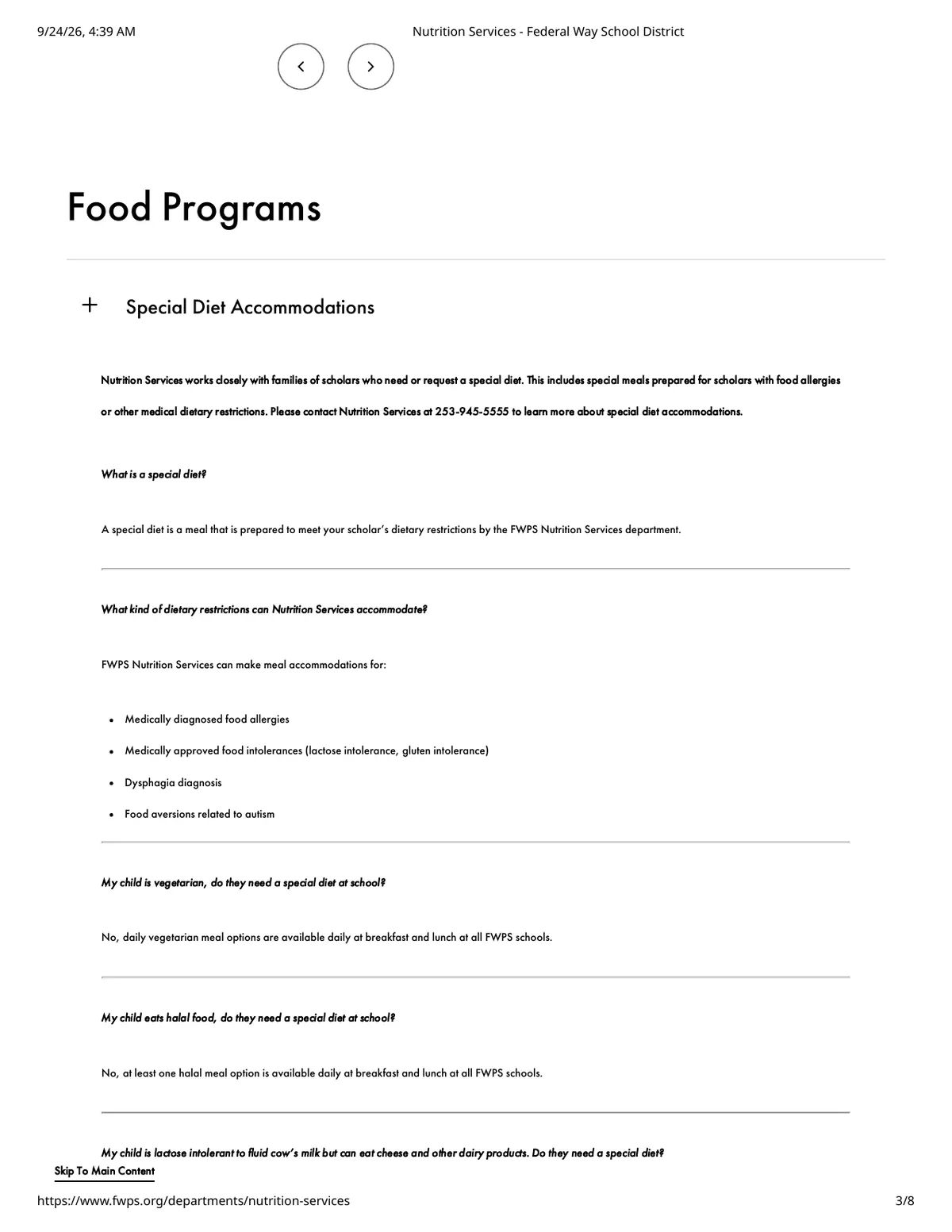 Public-page capture of Nutrition Services