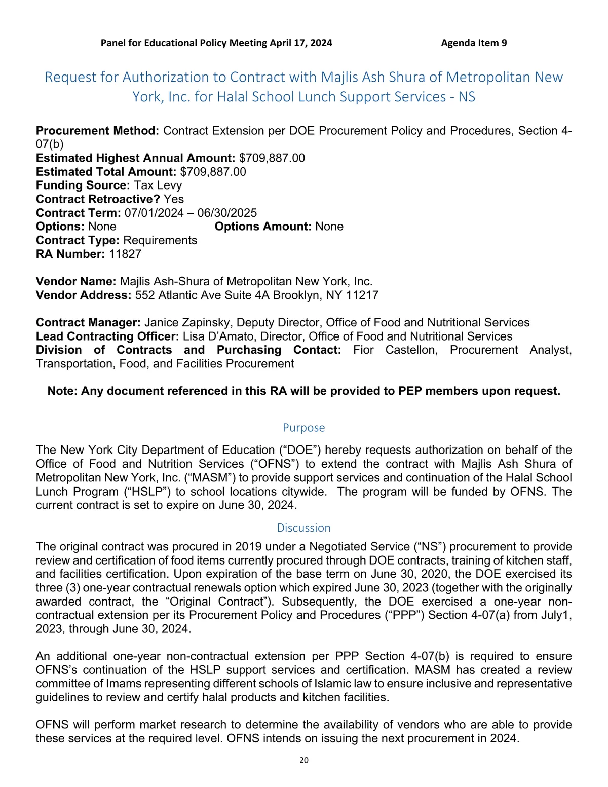 Public-page capture of April 2024 Contracts Agenda — Halal School Lunch Support Services