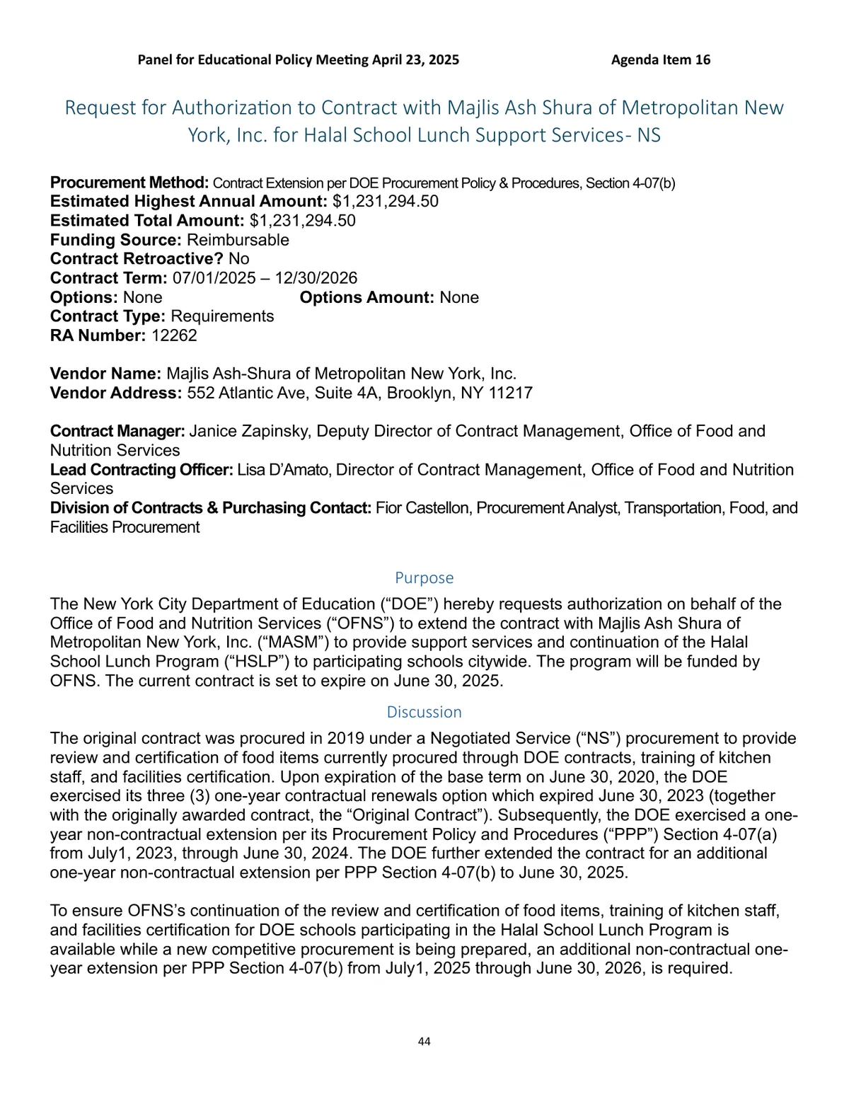 Public-page capture of April 23, 2025 Contracts Agenda, Item 16 — Majlis Halal School Lunch Support Services Extension