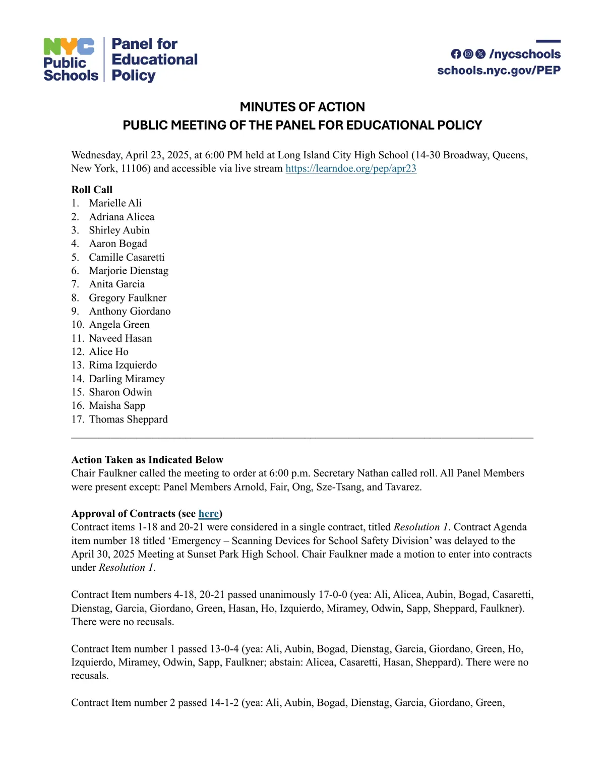 Public-page capture of Minutes of Action — April 23, 2025 PEP Meeting