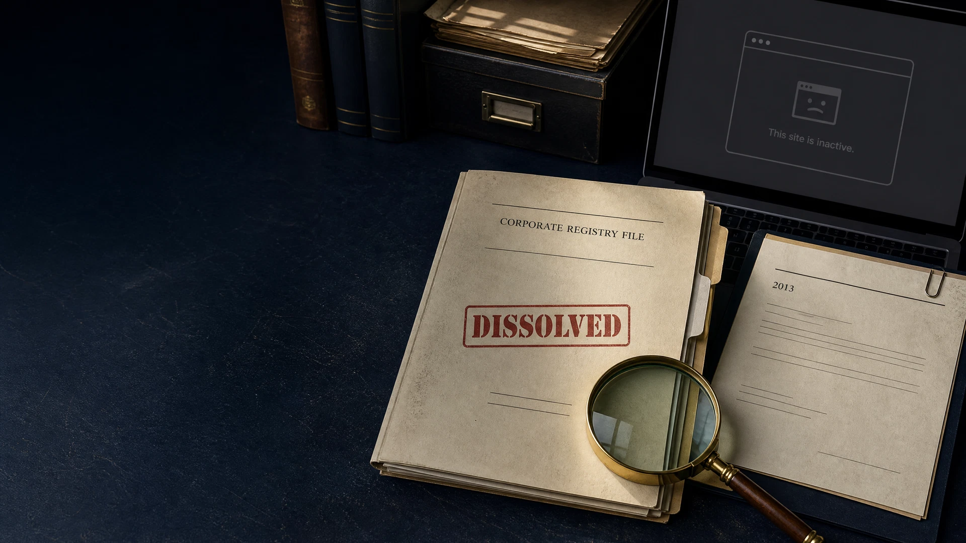 Public registry file, tax-status record, inactive website, and magnifying glass arranged for an organization-status investigation.
