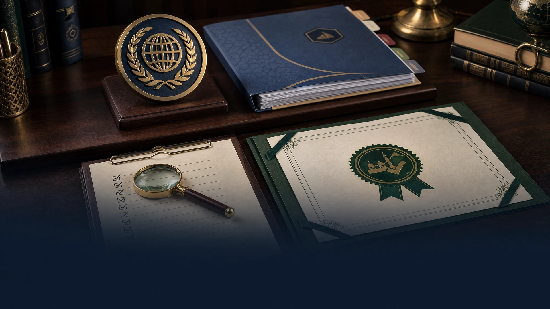 Two institutional seals at different levels beside evaluation records and a brass magnifying glass.