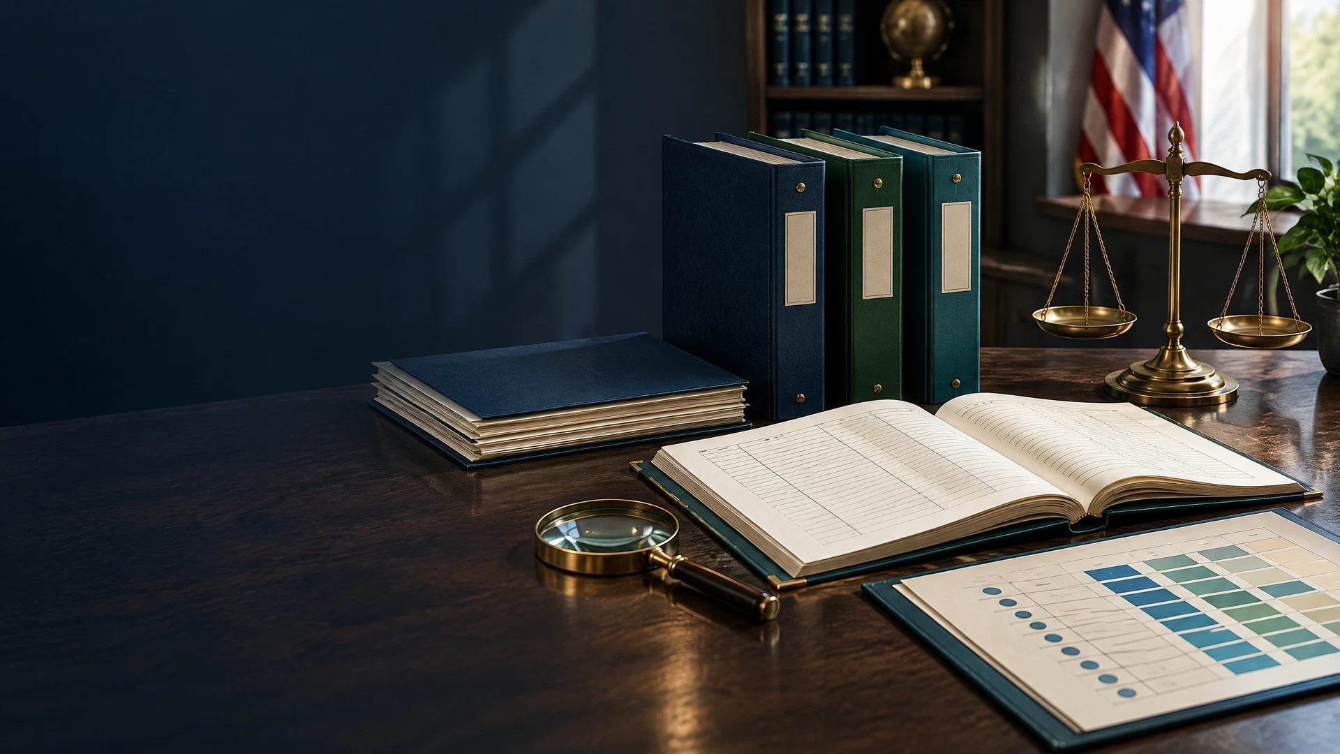 Institutional evidence-review desk with multiple accreditation folders, a certificate ledger, assessment grid, magnifying glass, and balanced scale.