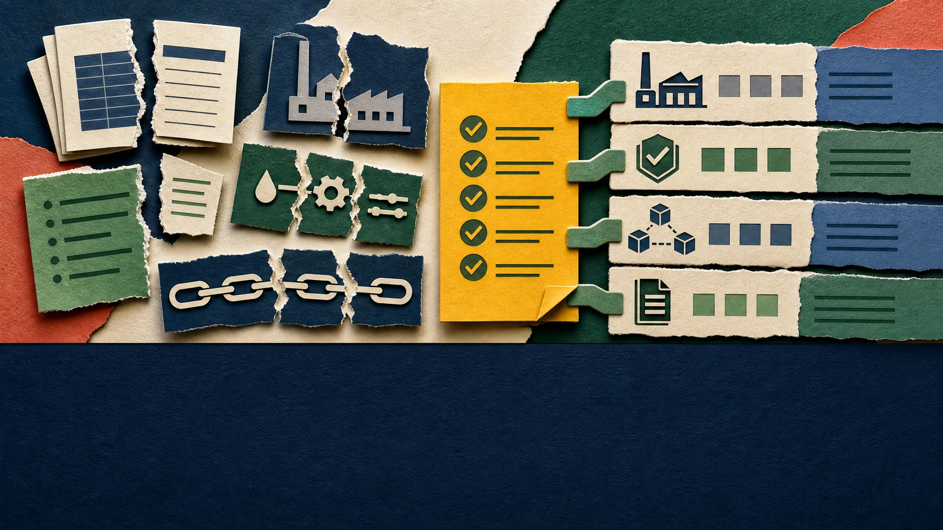 Paper-cut collage of fragmented records and facility controls bridged by a complete corrective-action checklist.