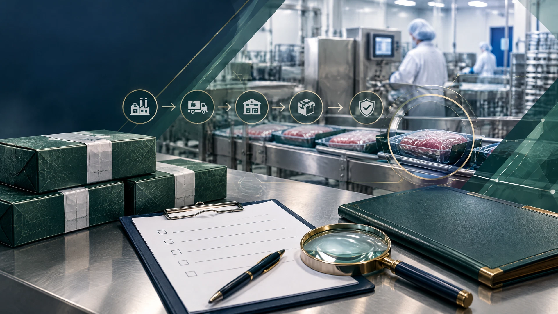 Non-graphic halal meat traceability review with audit records, sealed cartons, and a certificate folder.