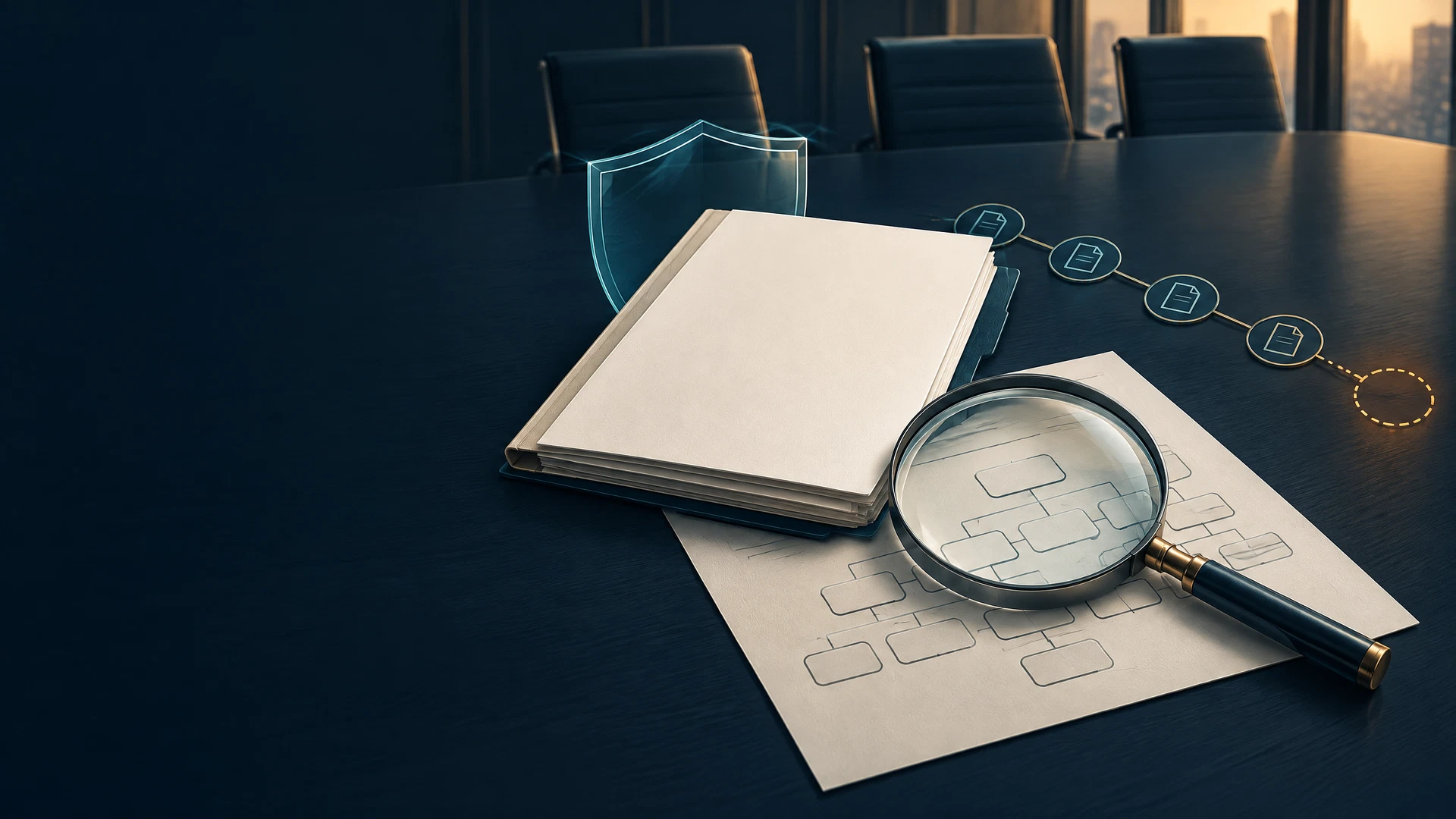 Editorial governance dossier, magnifying glass, blank role cards, and an unresolved document link representing certification accountability.