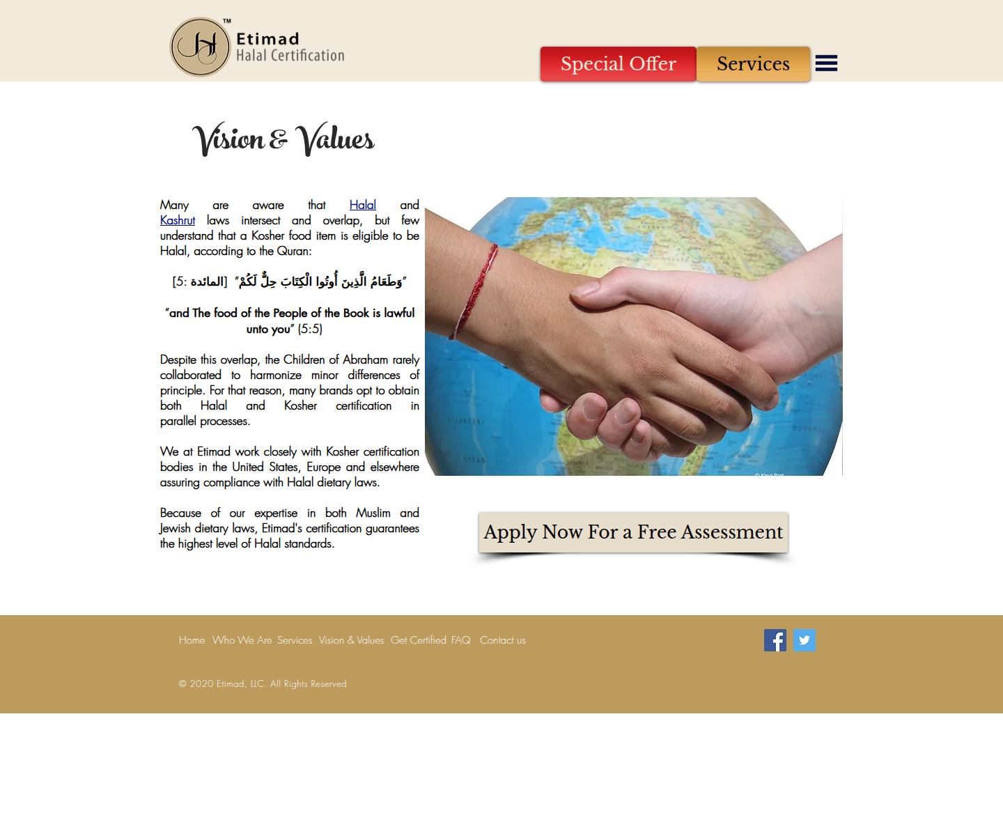 Archived Etimad Halal Vision and Values page stating that a kosher food item is eligible to be halal and that Etimad works closely with kosher certification bodies.