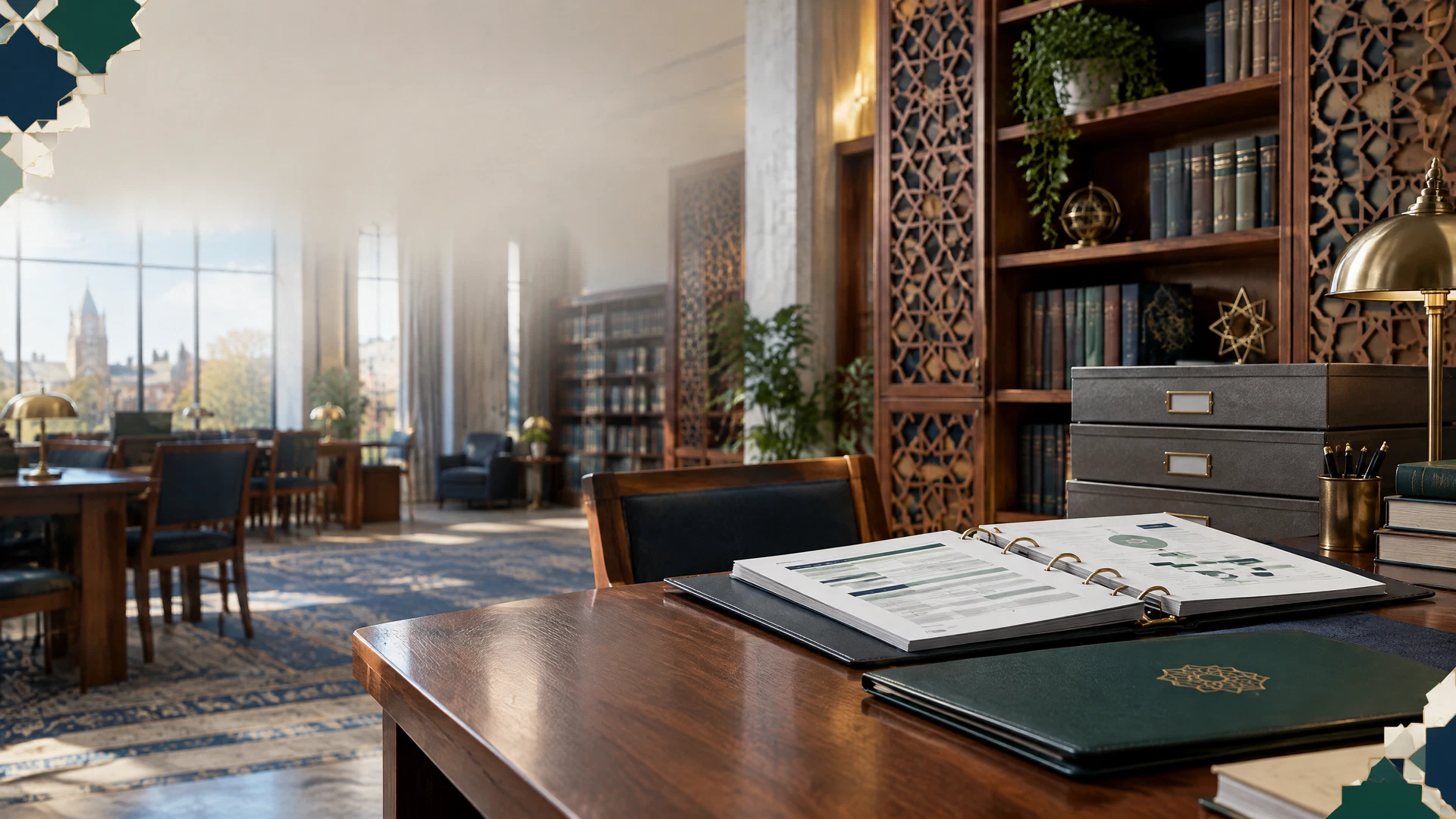 Research library and certification-review desk with standards, archival files, and evidence materials.