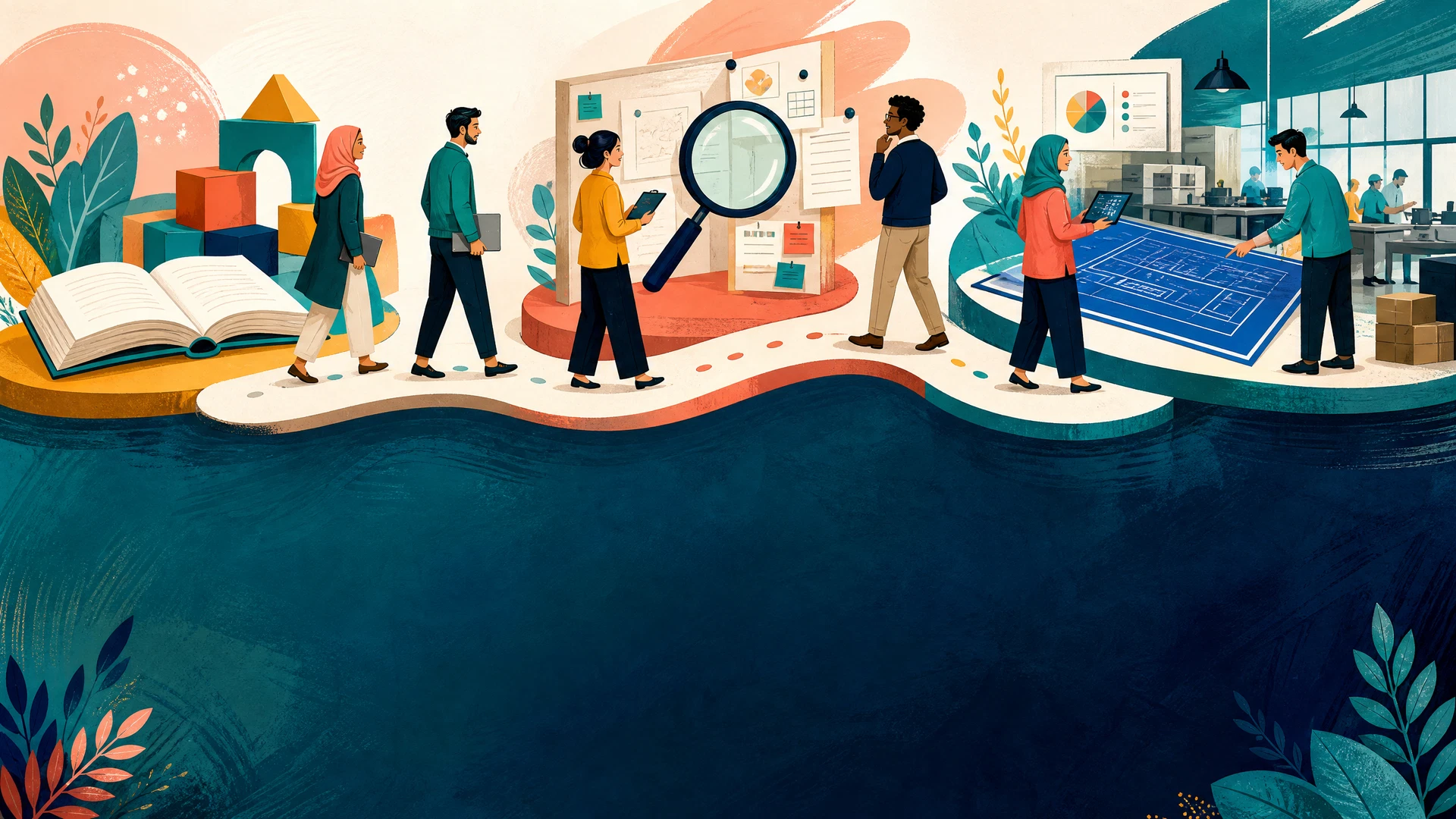 Colorful editorial cartoon showing diverse adult learners following three connected standards-training paths.