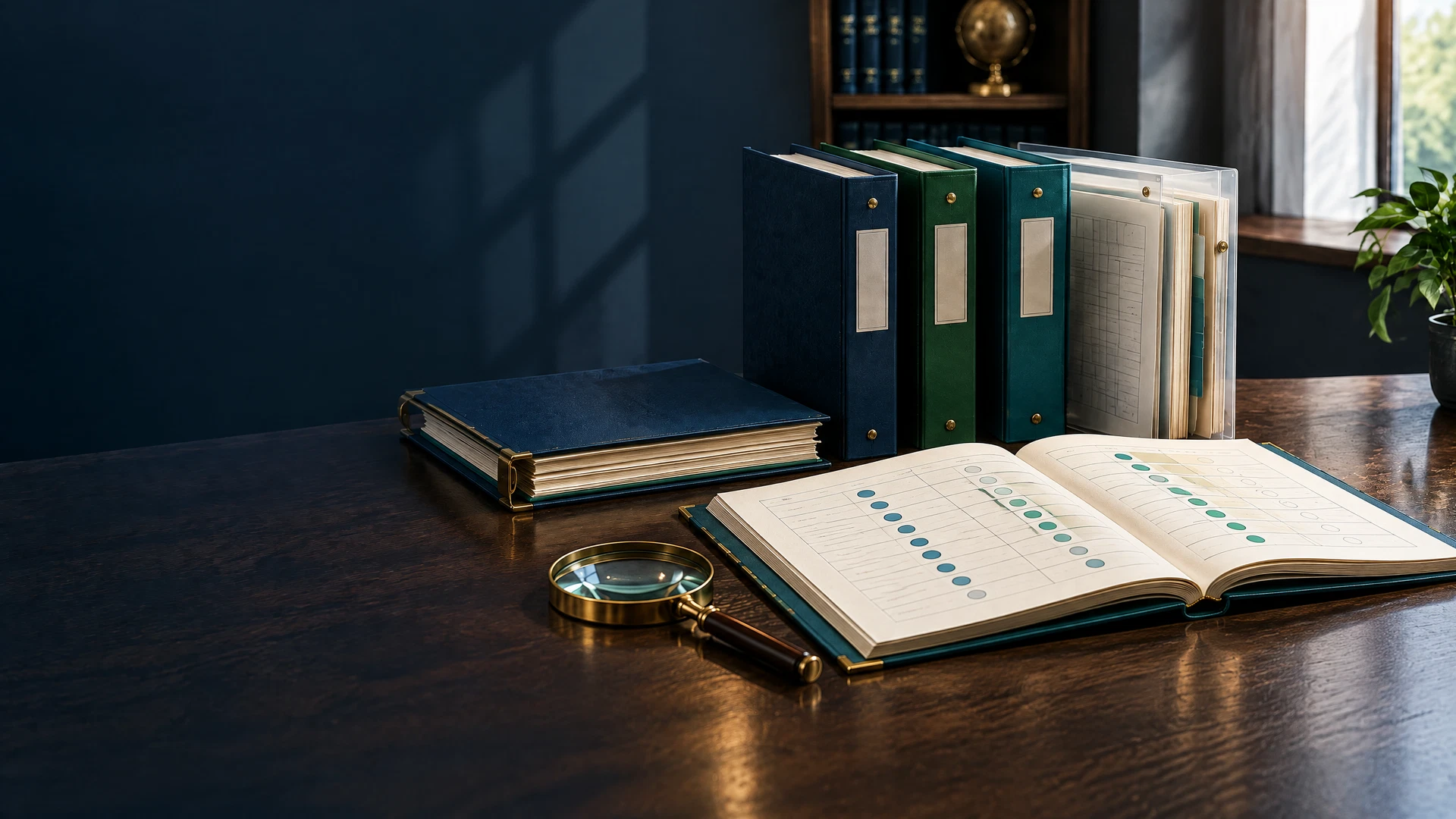 Evidence-review composition with one verified accreditation folder, ownership records, a certificate-status ledger, magnifying glass, and assessment grid.