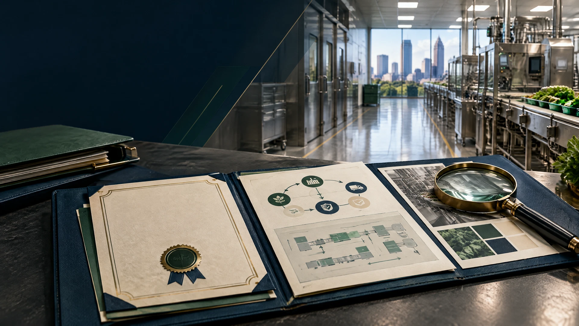 Institutional halal-certification evidence dossier and scope records in a modern food-processing inspection environment.