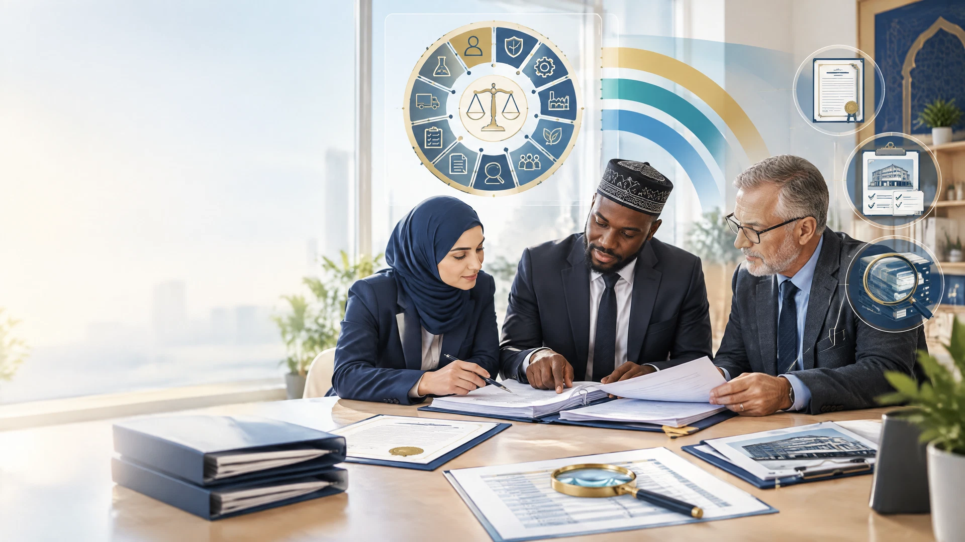 Diverse professional reviewers examining an organized halal certification body assessment with evidence layers, audit records, and a balanced scale.