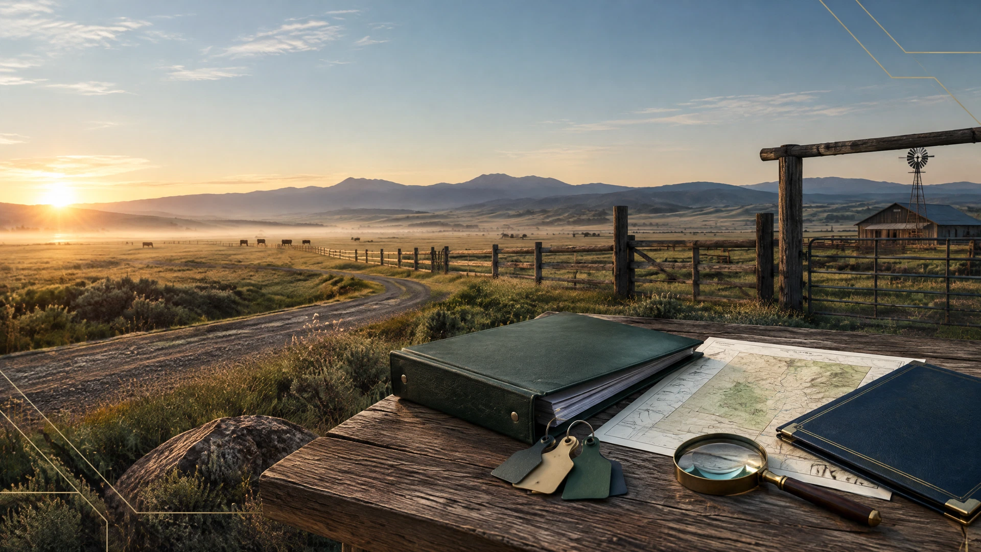 Ranch inspection kit with standards, traceability materials, and certificate records overlooking a livestock property.