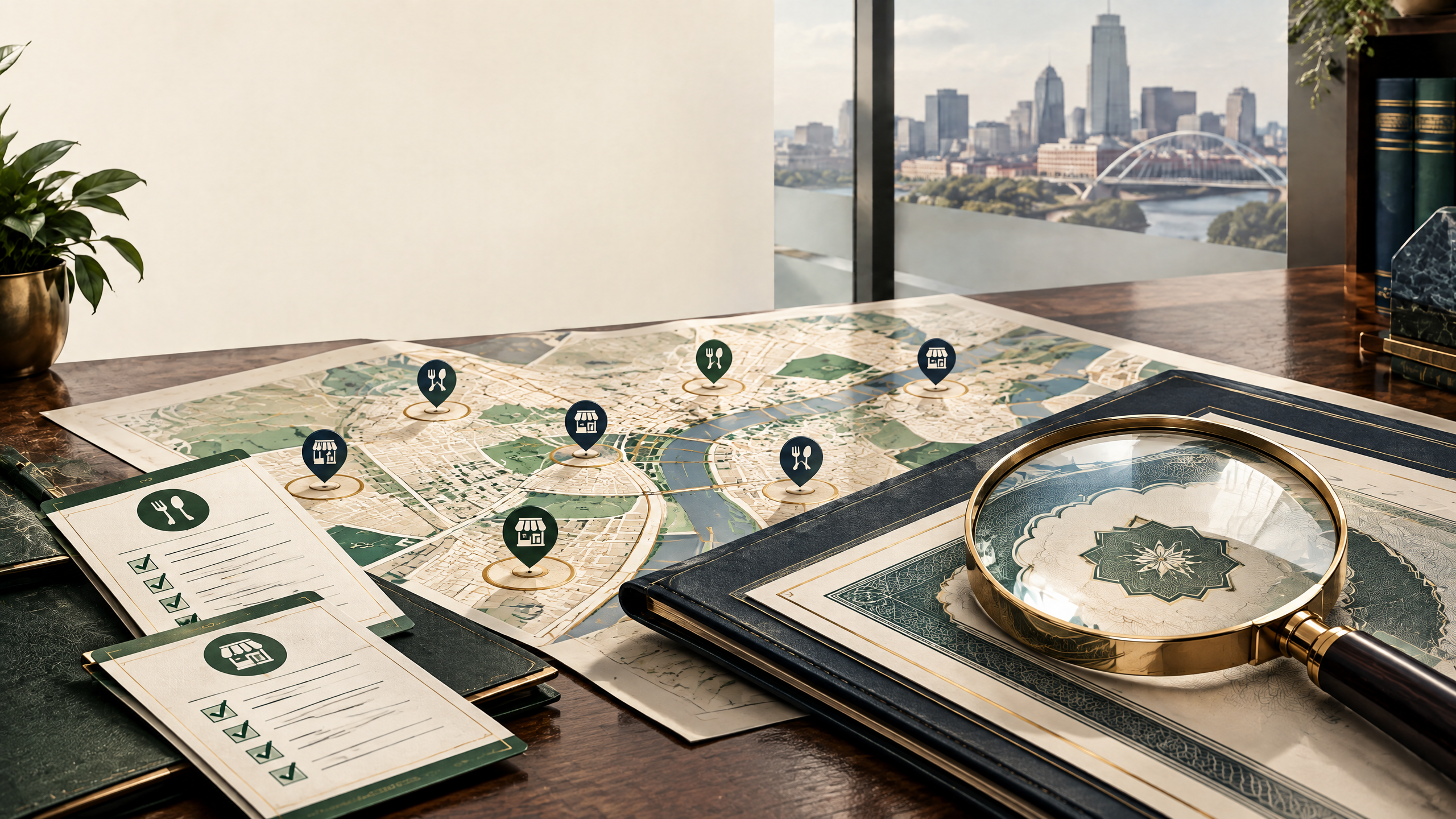 Halal monitoring review with inspection routes, facility records, a religious-standard file, public listings, and an evidence ledger.