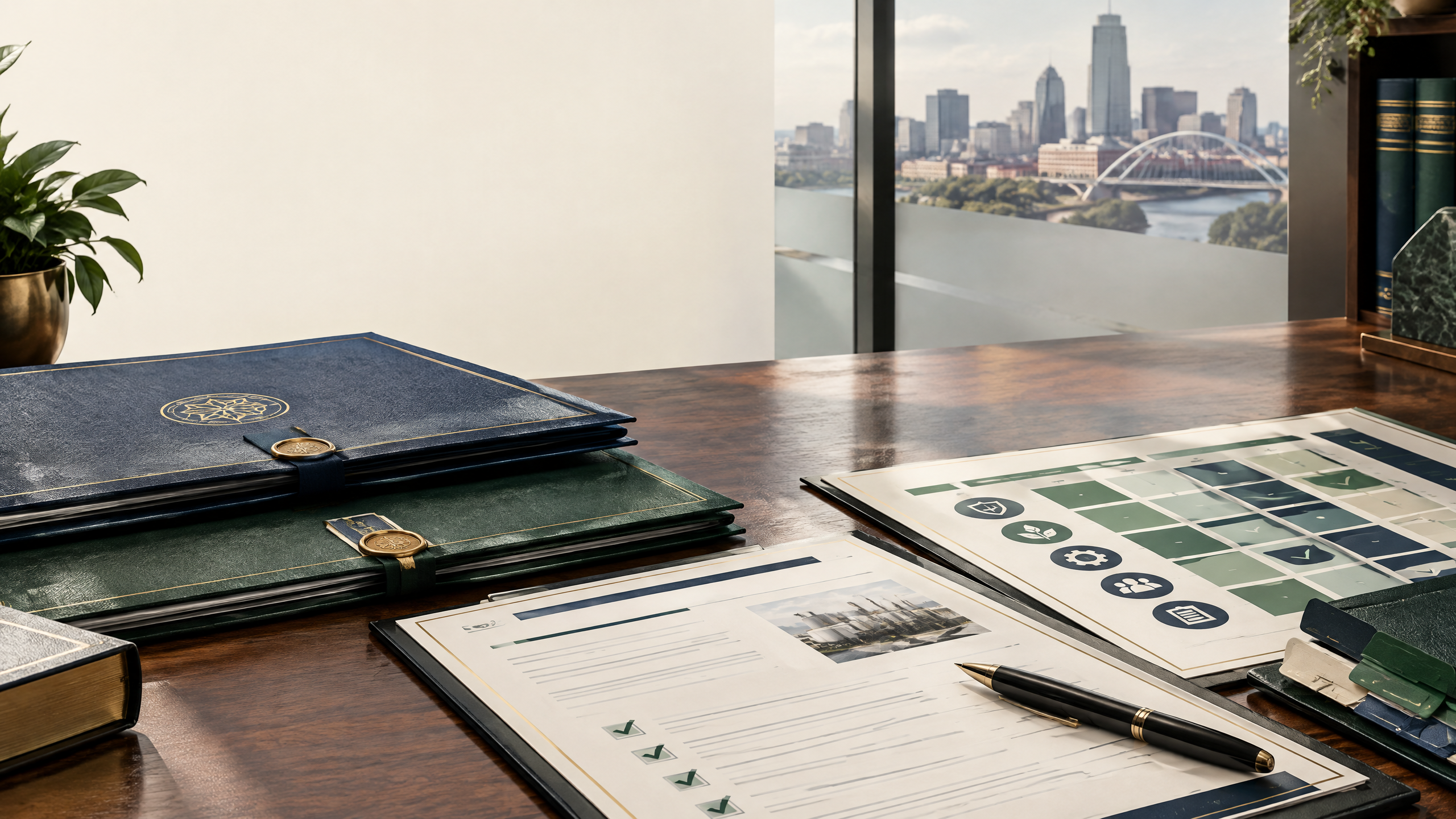 Institutional certification review desk with two accreditation folders, a recognition file, audit records, and an eleven-position evidence grid.