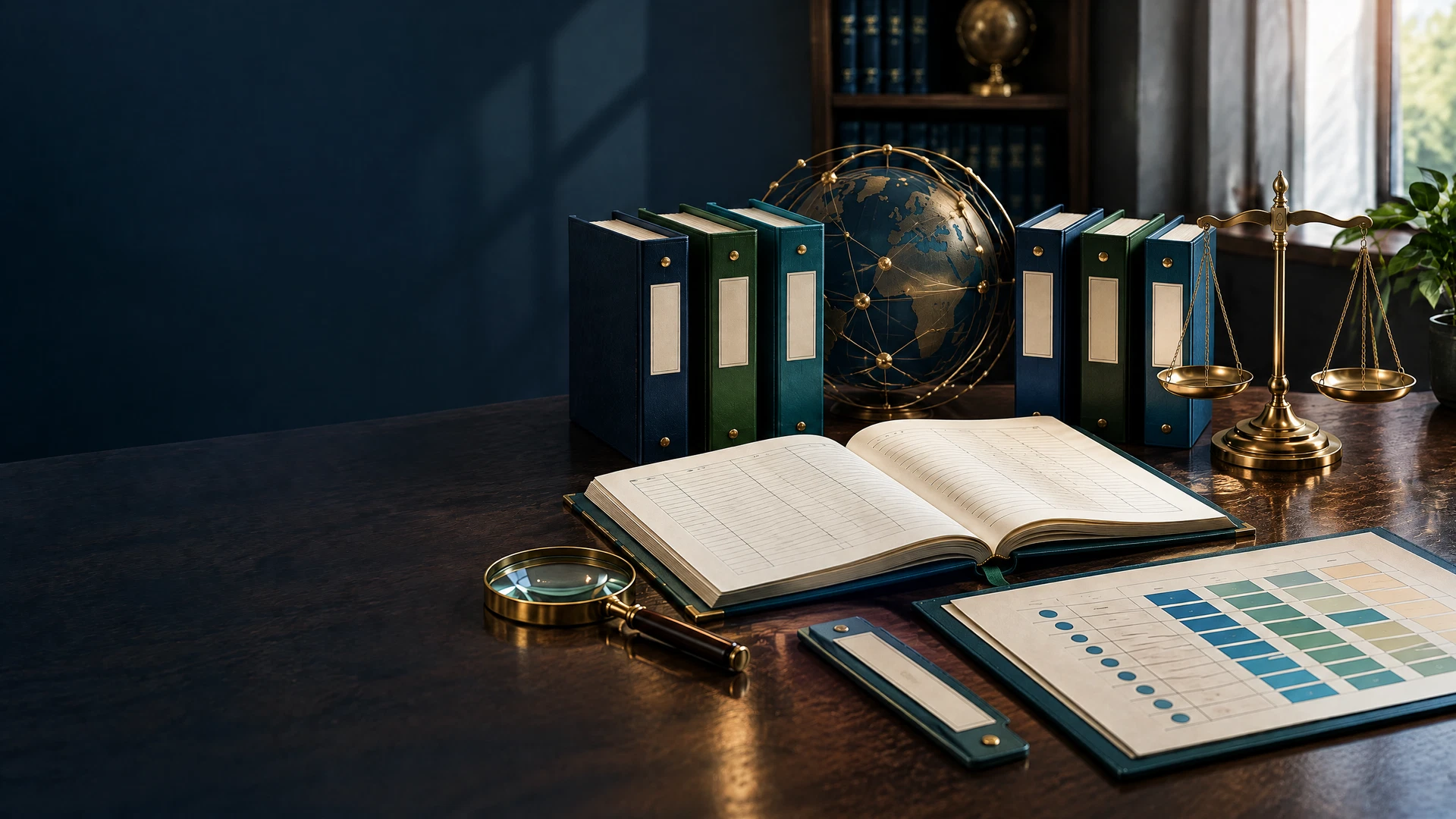Mature multi-authority certification review with six accreditation folders, a central ledger, exact scope boundaries, and an assessment grid.
