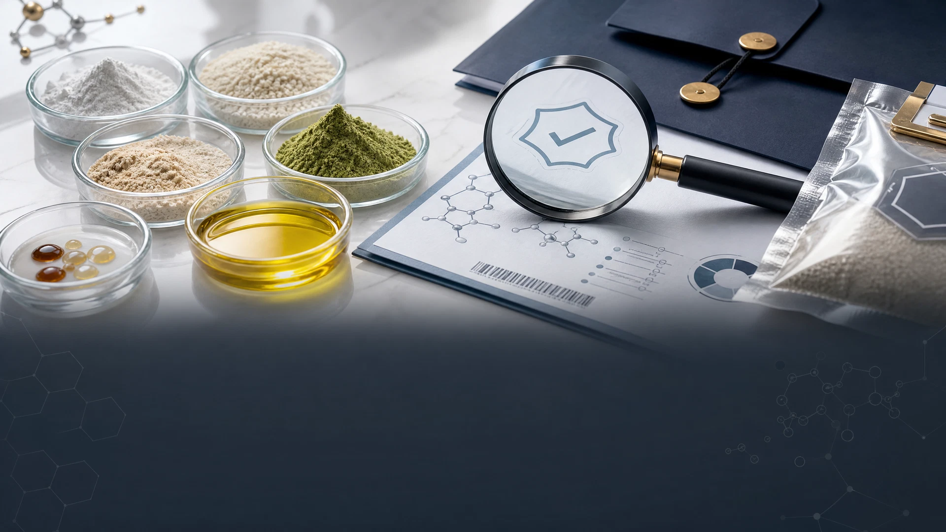 Ingredient samples, supplier records, sealed sample bag, and magnifying glass arranged for verification.