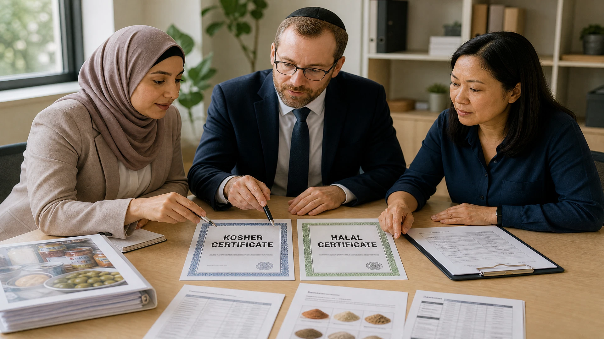 Muslim, Jewish, and food QA professionals comparing separate kosher and halal certification documents.