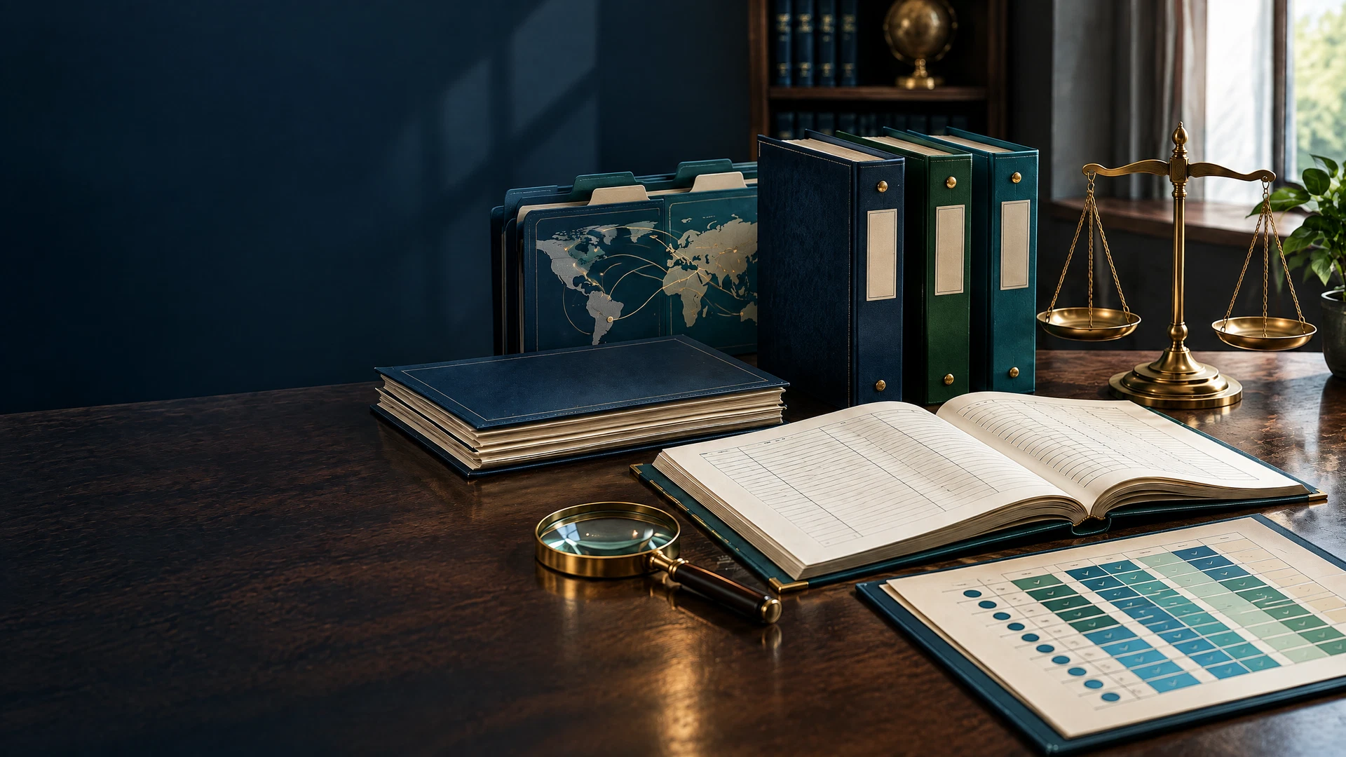 Cross-border certification review with three accreditation portfolios, recognition-route records, a ledger, and an eleven-position assessment grid.