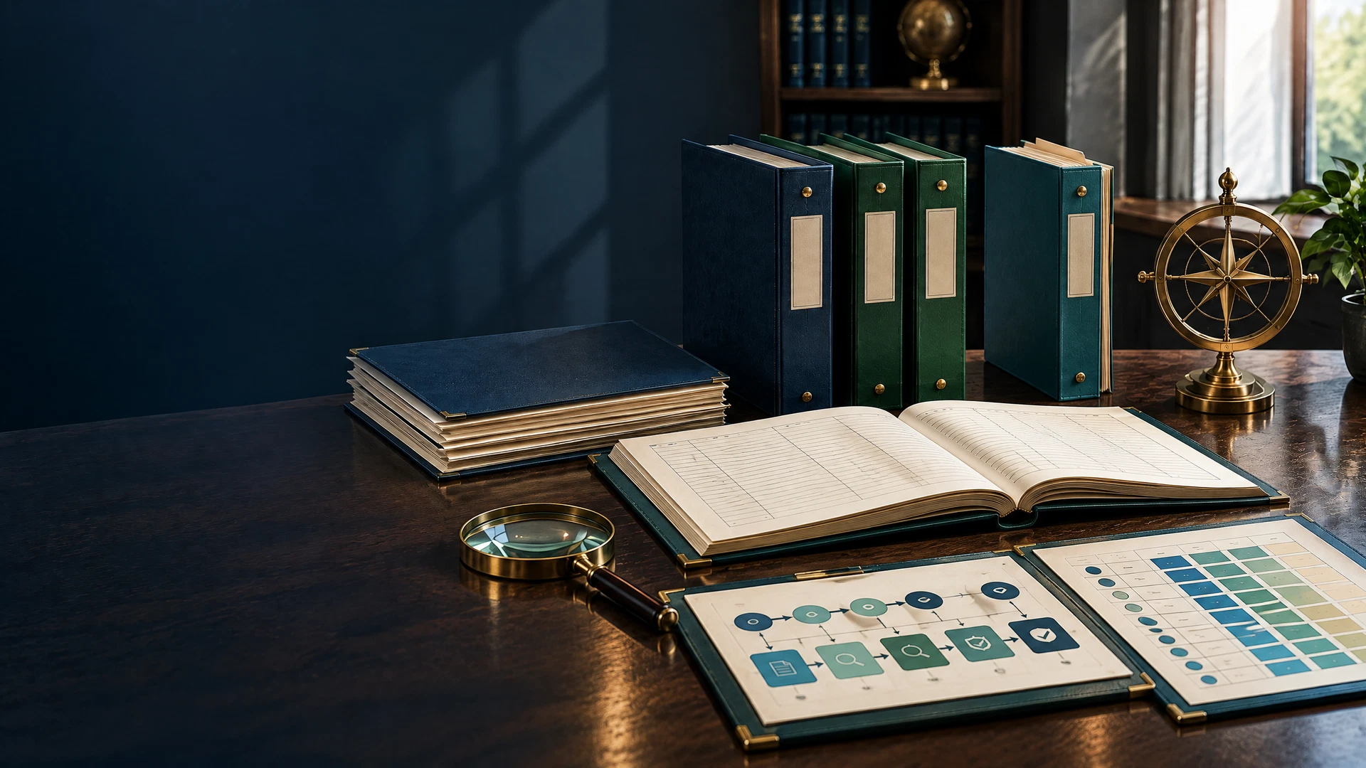 Certification-department evidence desk with two verified accreditation files, one separated unresolved credential, a workflow board, and assessment grid.