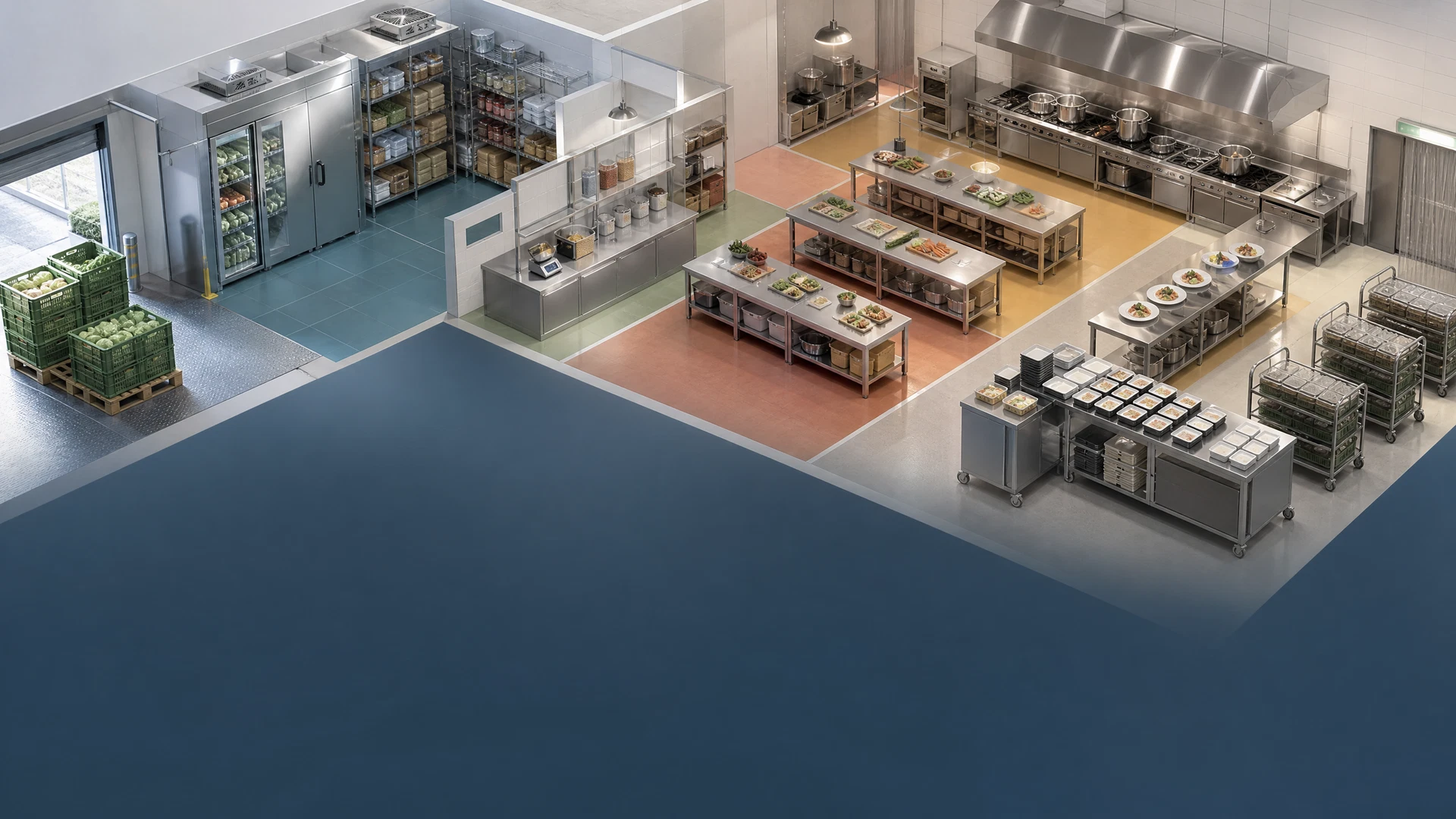 Isometric institutional kitchen showing receiving, storage, preparation, cooking, packaging, and service zones.