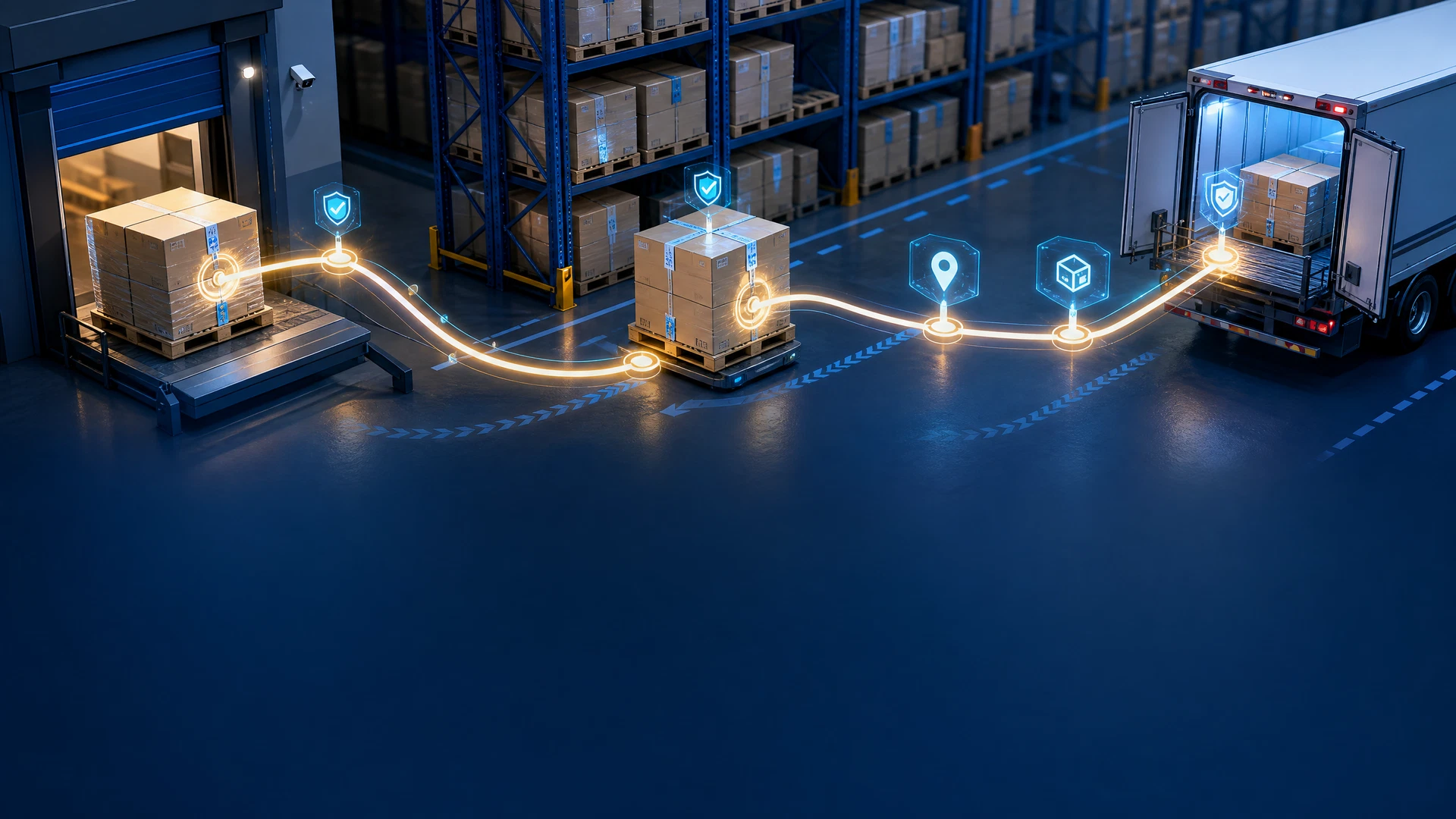 Conceptual warehouse route connecting sealed cartons through scan points and a secure transport handoff.