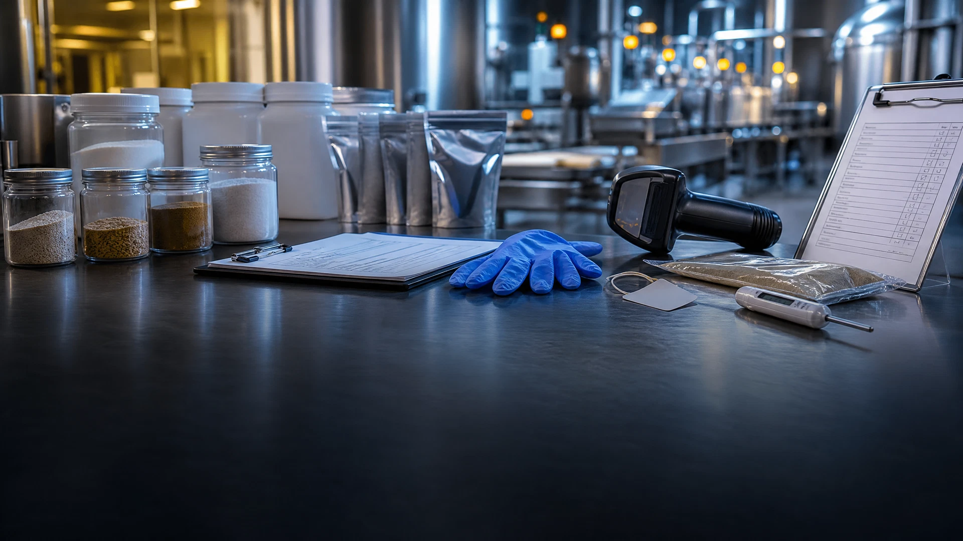 Ingredient samples, batch records, gloves, scanner, and checklist arranged on a manufacturing quality station.