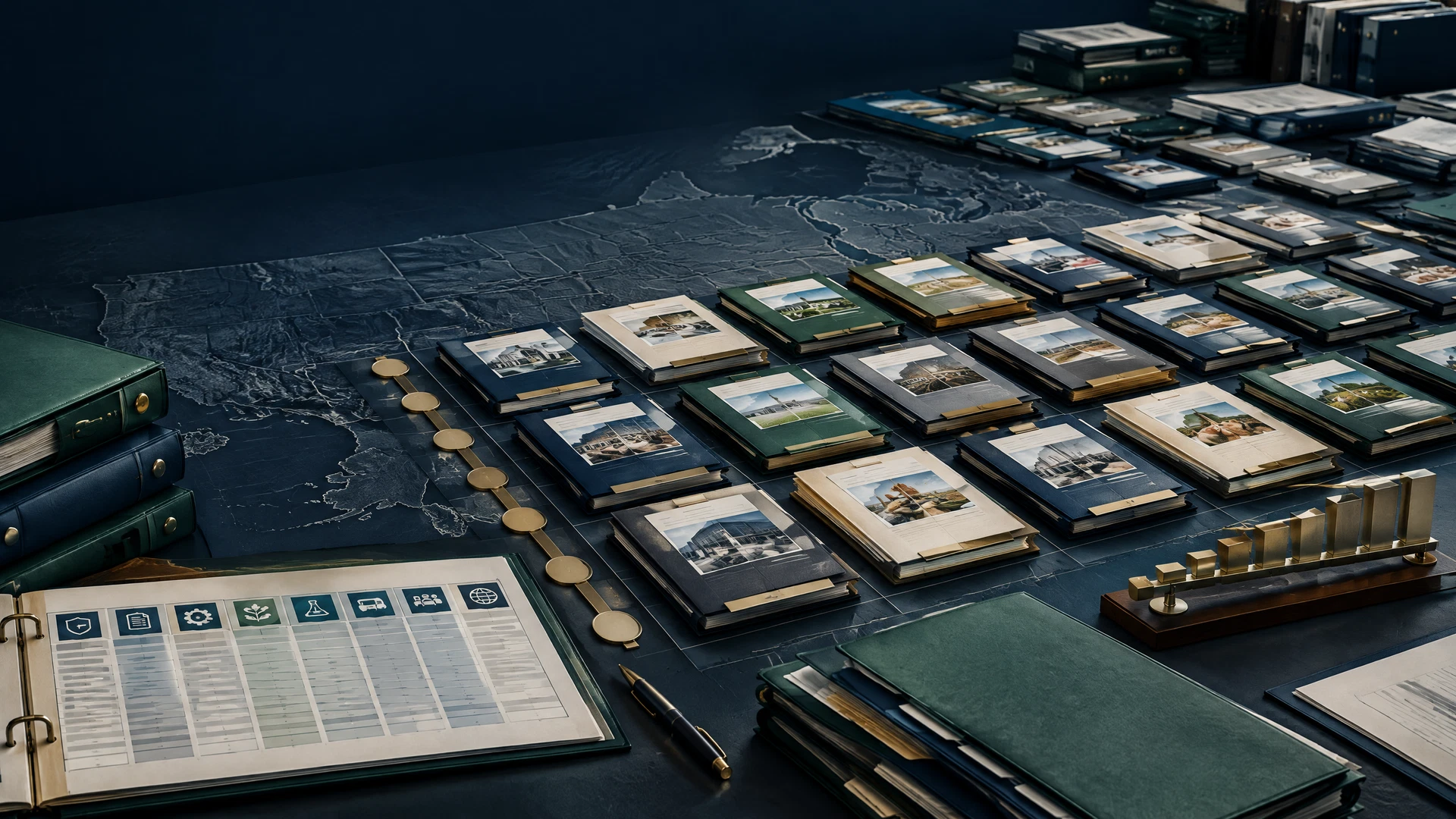 National evidence table with twenty-seven certification dossiers, public-disclosure records, accreditation scope files, and a subtle United States map.