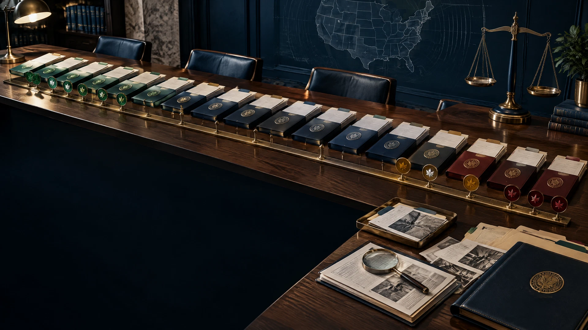 Institutional evidence table with twenty certification dossiers, accreditation seals, a brass ranking scale, and a subtle United States map.