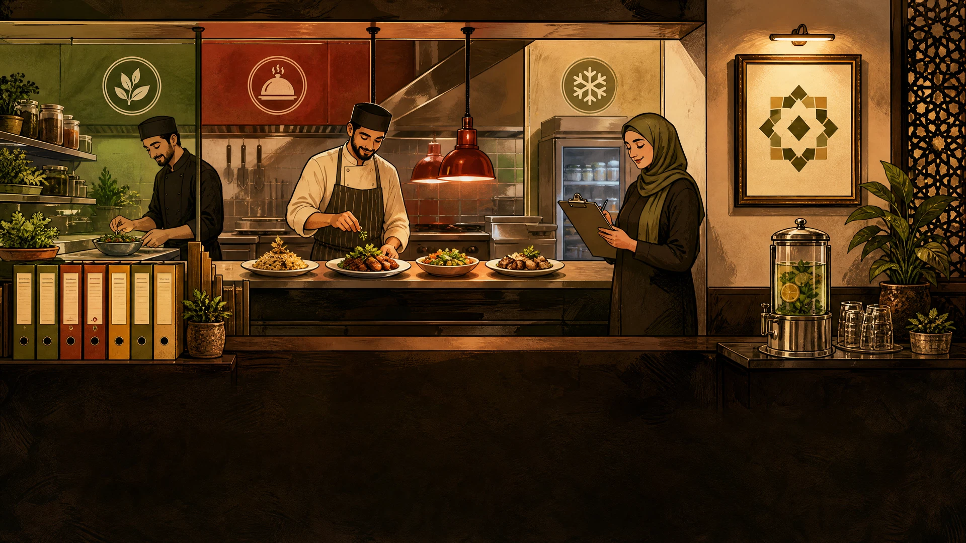 Warm editorial cartoon of an organized restaurant pass, ingredient records, separated kitchen zones, and customer claim.
