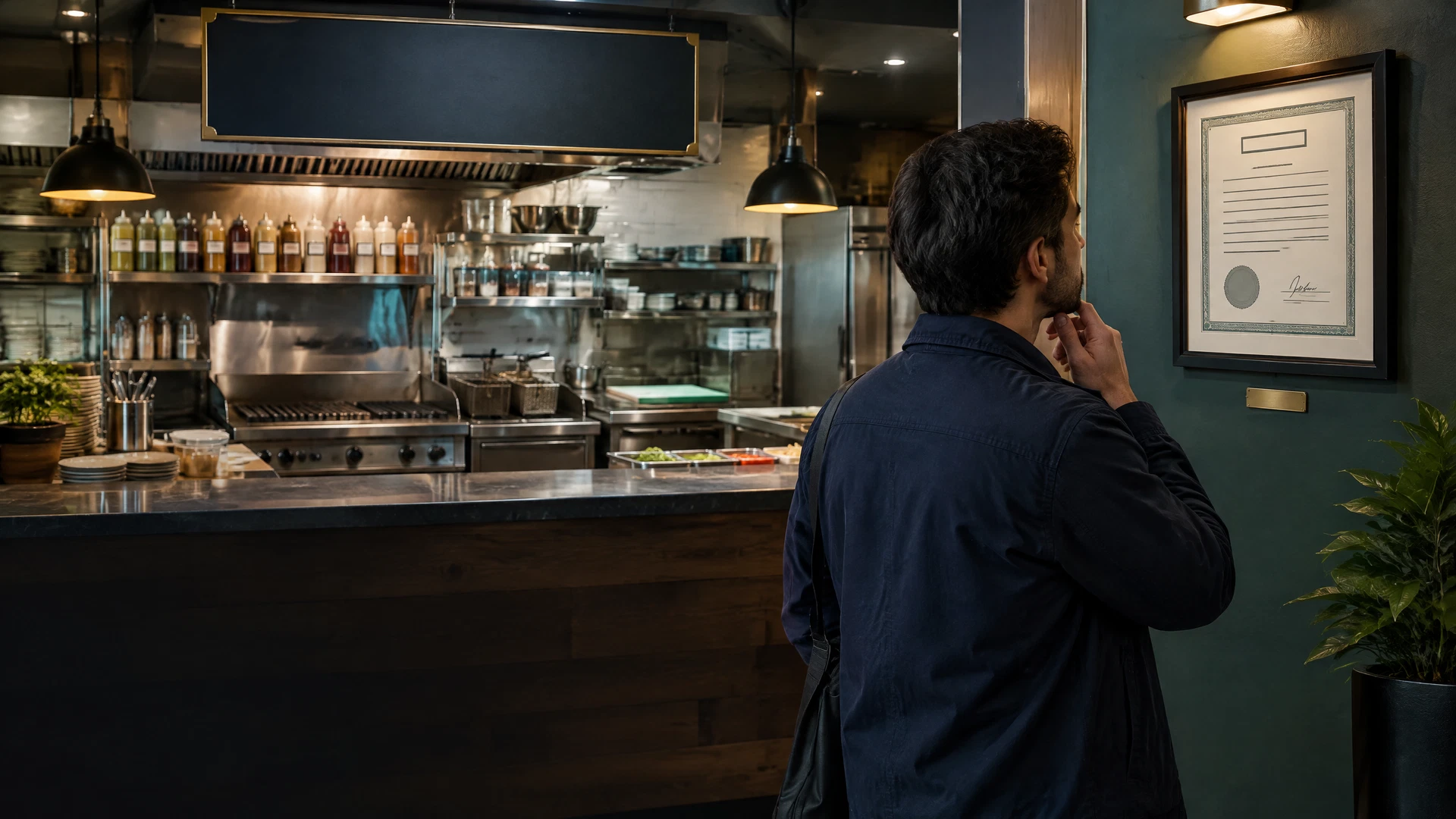 Restaurant customer comparing a framed certificate with the establishment and visible behind-counter food-preparation practices.