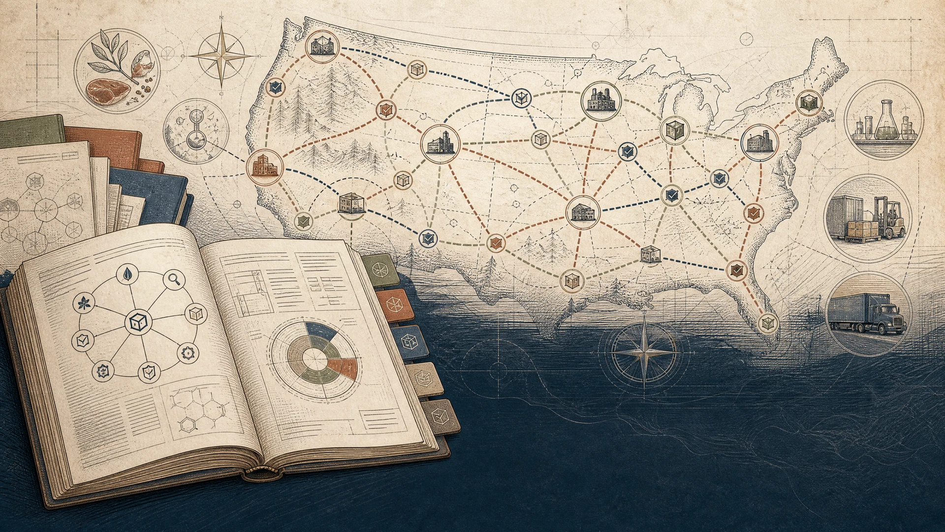 Hand-drawn United States map beside an open standards manual with connected quality checkpoints.
