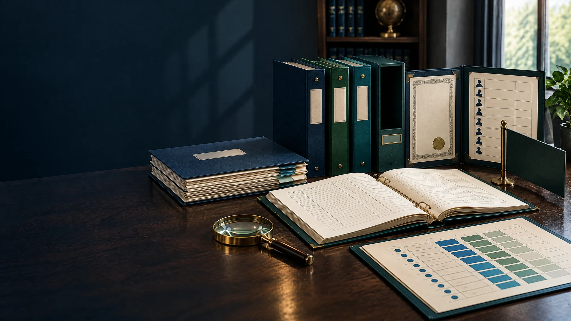 Neutral evidence-gap review with a current business record, earlier certificate, empty accreditation slot, consultant roster, magnifying glass, and assessment grid.