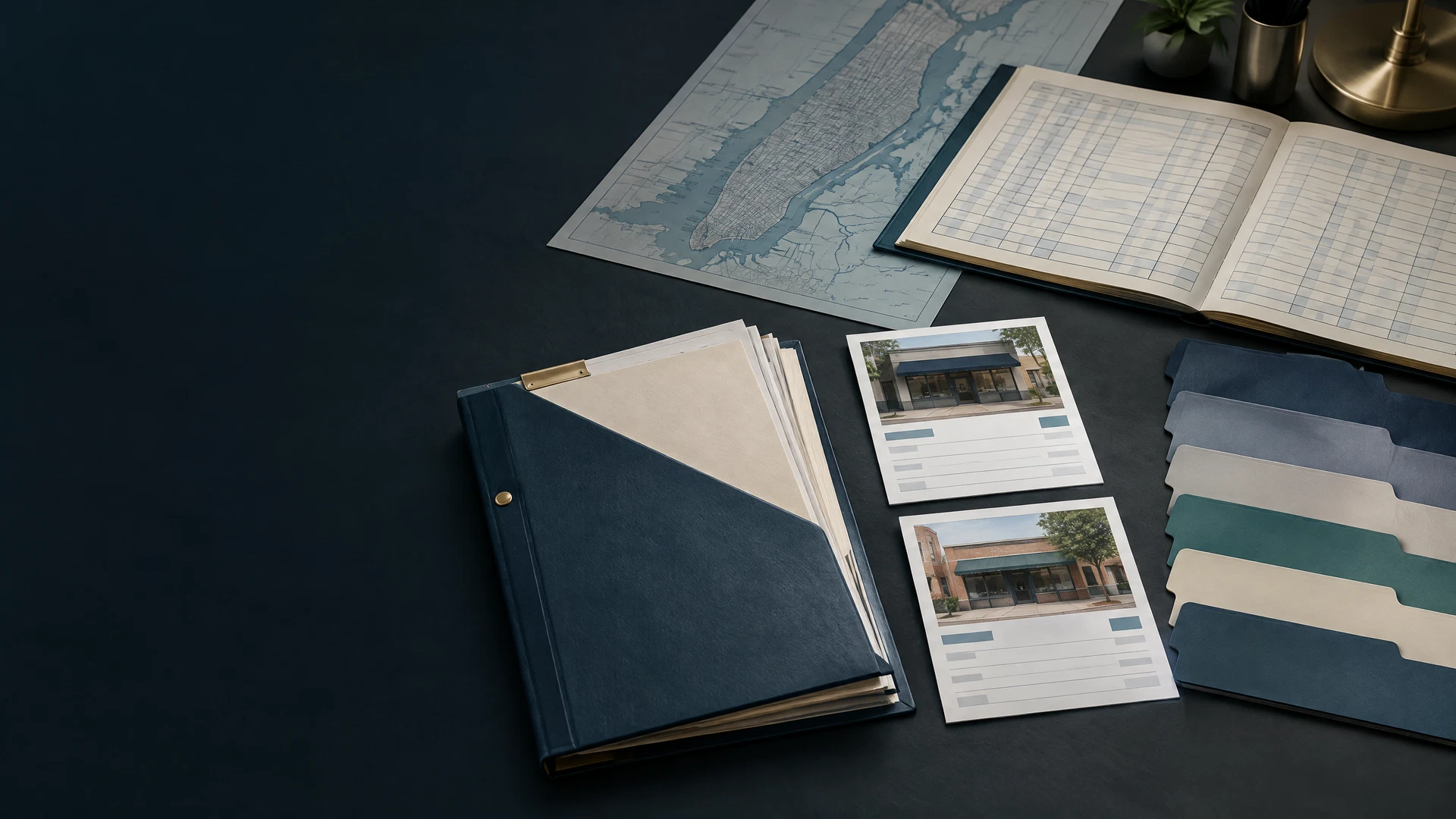 Evidence-review desk with a New York public-registration ledger, two establishment records, a licensing list, and unresolved certification-control files.